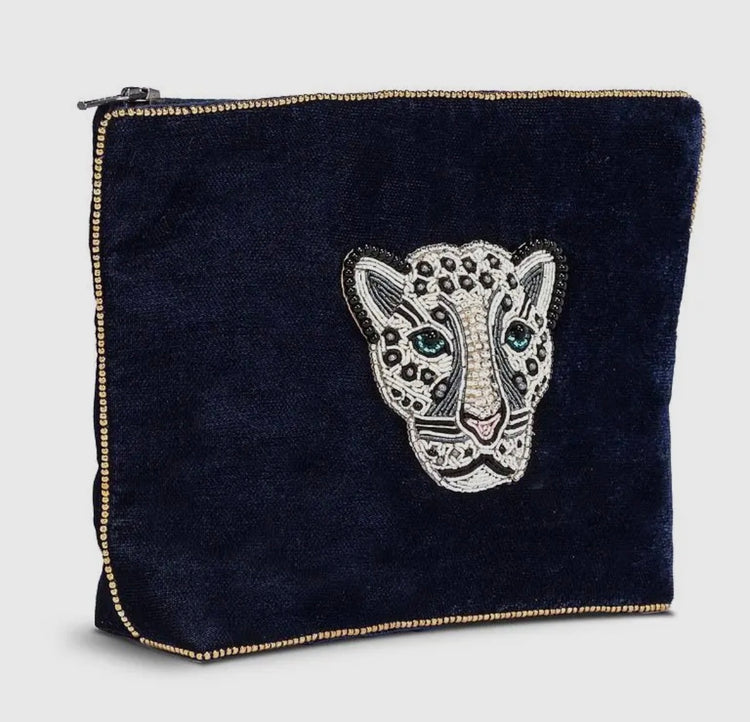 Velvet Pouch with Beaded Leopard
