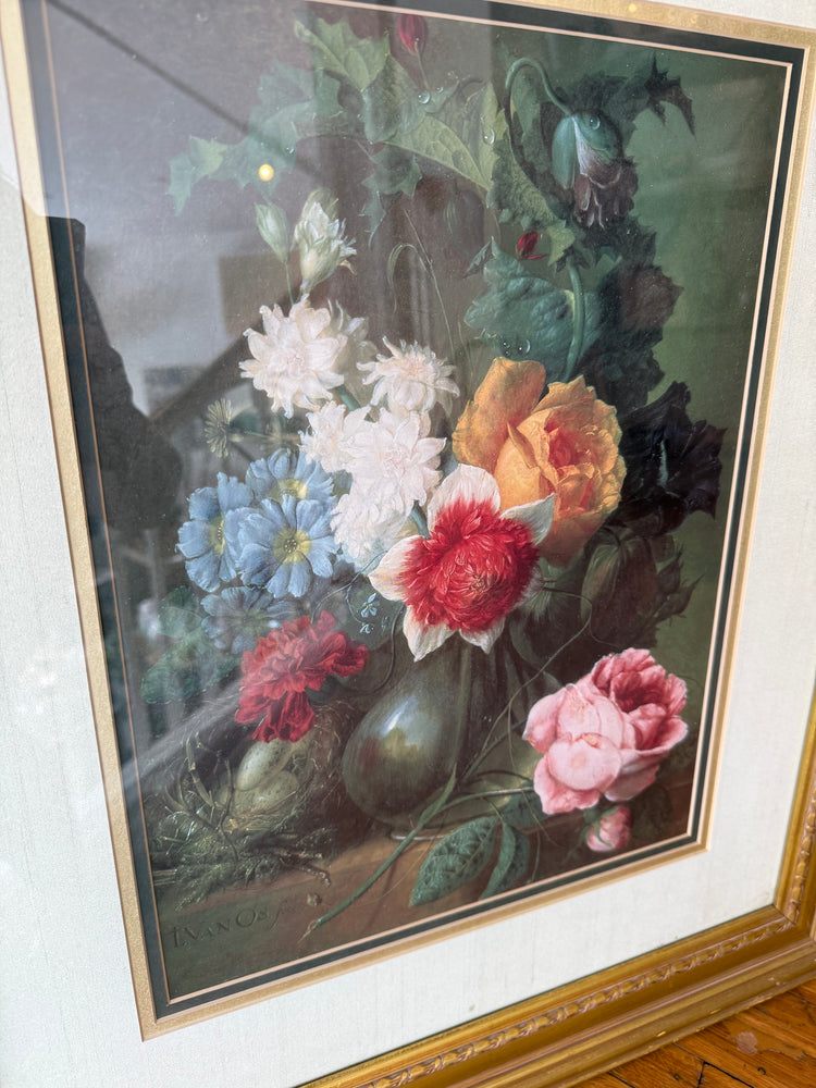 Roses, Poppies, Morning Glory and Other Flowers in a Vase with a Bird's Nest on a Ledge by the Dutch artist Jan van Os