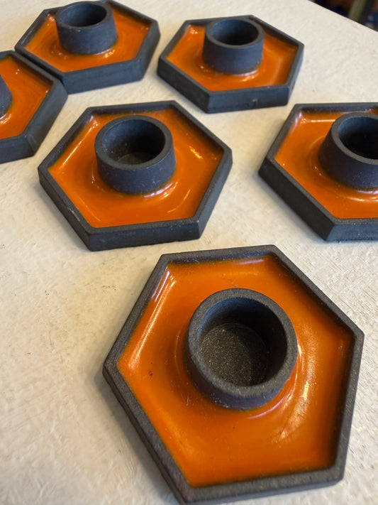 Cast Iron and Enamel Hexagon Taper Candle Holders