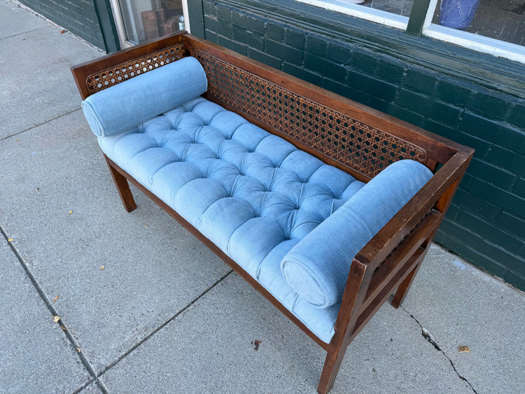 Midcentury Upholstered Caned Bench