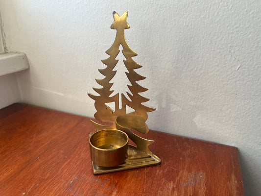 Brass Christmas Tree Candleholder with Bow