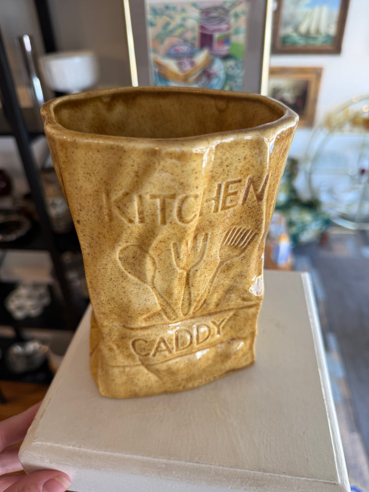 Paper bag-style ceramic kitchen caddy