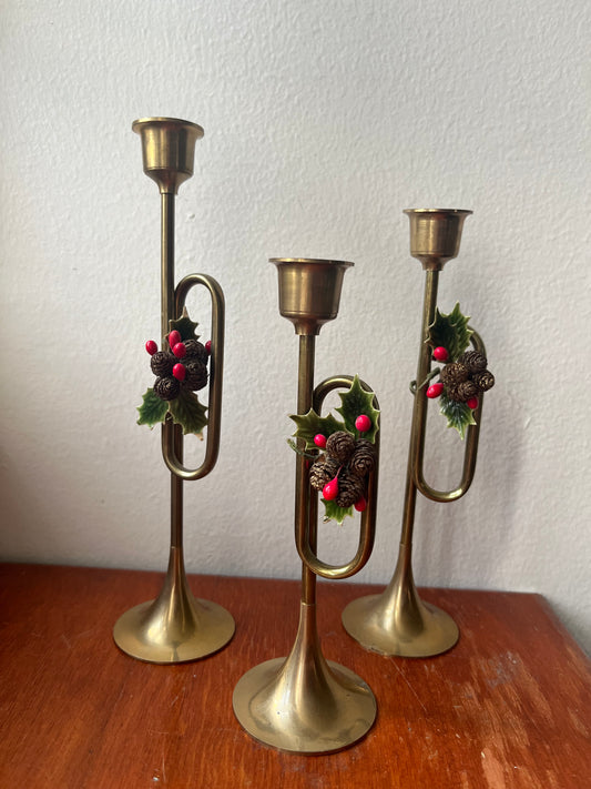 Trio of Brass Horn Candlestick Holders