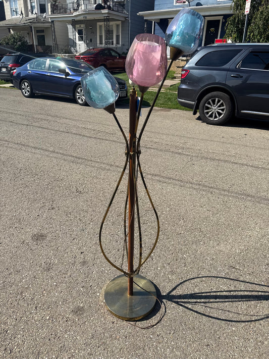 Brass & Teak Midcentury Tulip Floor Lamp