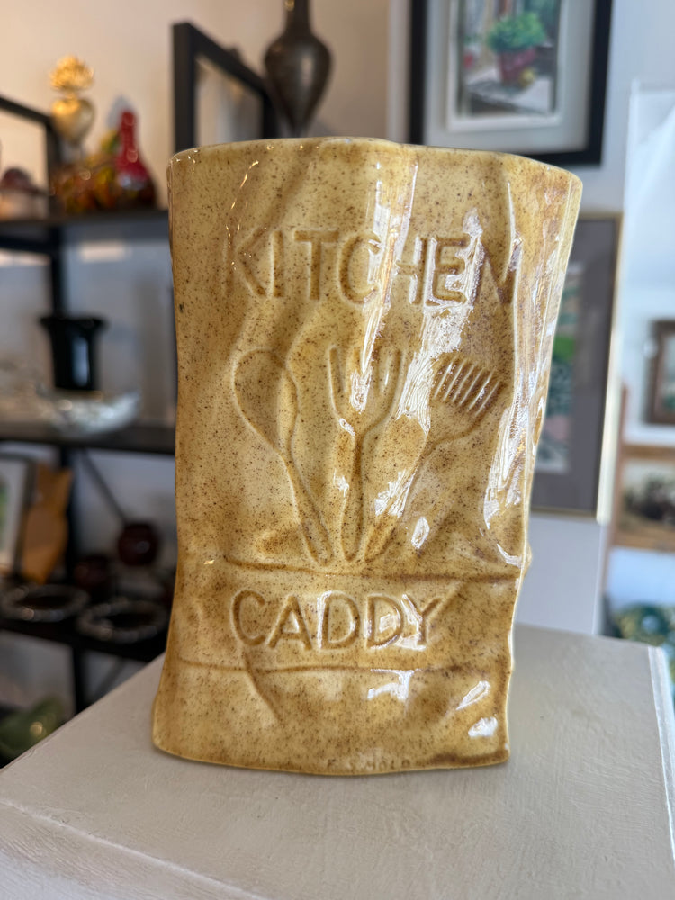 Paper bag-style ceramic kitchen caddy