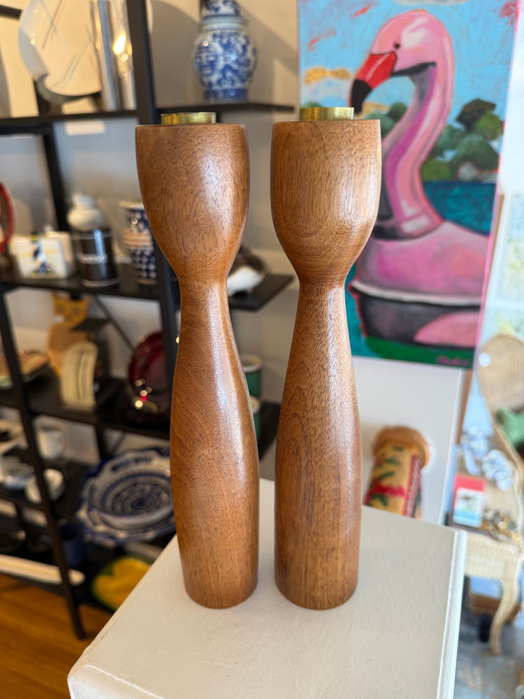 Pair of Midcentury Walnut Candlesticks