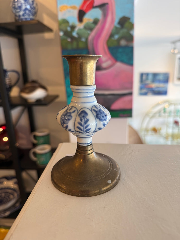 Blue & White Ceramic and Brass Candleholder