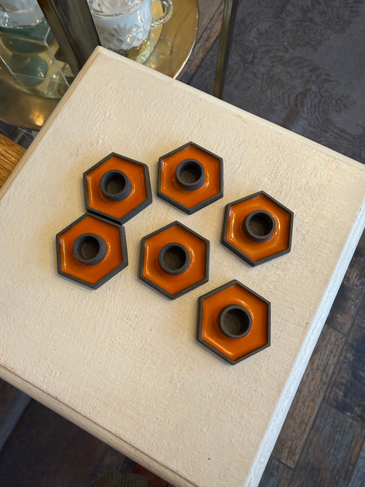 Cast Iron and Enamel Hexagon Taper Candle Holders