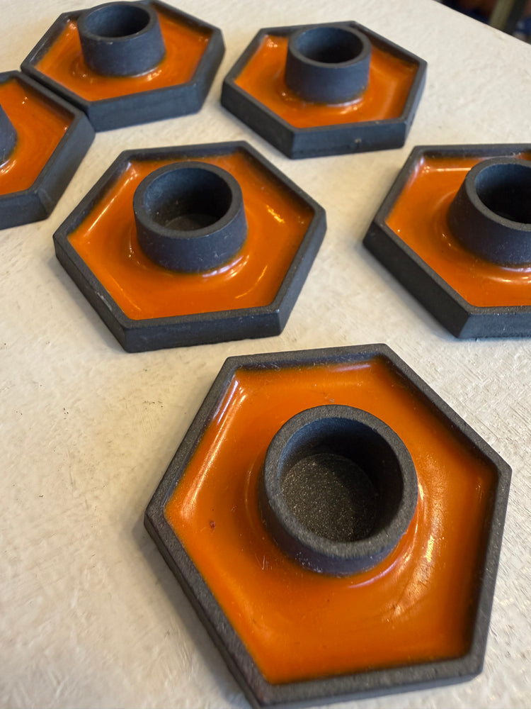 Cast Iron and Enamel Hexagon Taper Candle Holders