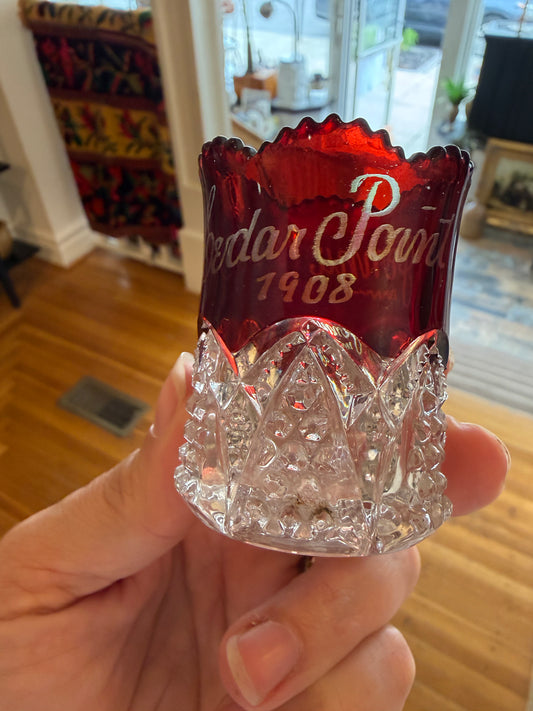 Ruby Red Flashed Glass Toothpick Holder from Cedar Point 1908