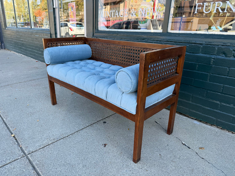 Midcentury Upholstered Caned Bench